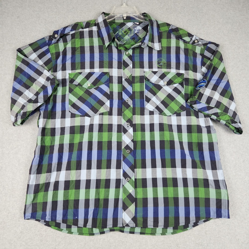 Raider Shirt Mens 5X Green Blue Plaid Short Sleeve Utility Epaulettes Button Up